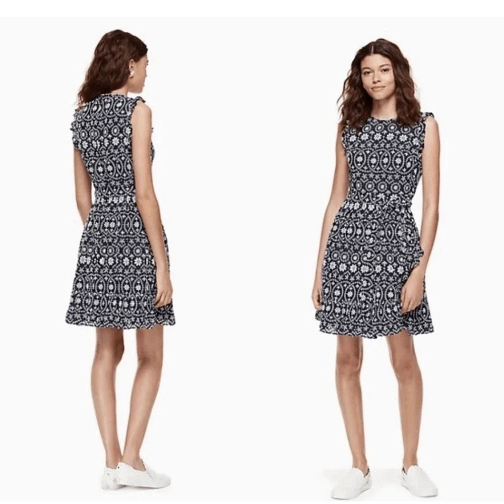 Kate Spade Shore Thing Eyelet Wrap Dress Rich Navy Blue Fresh White Size 2